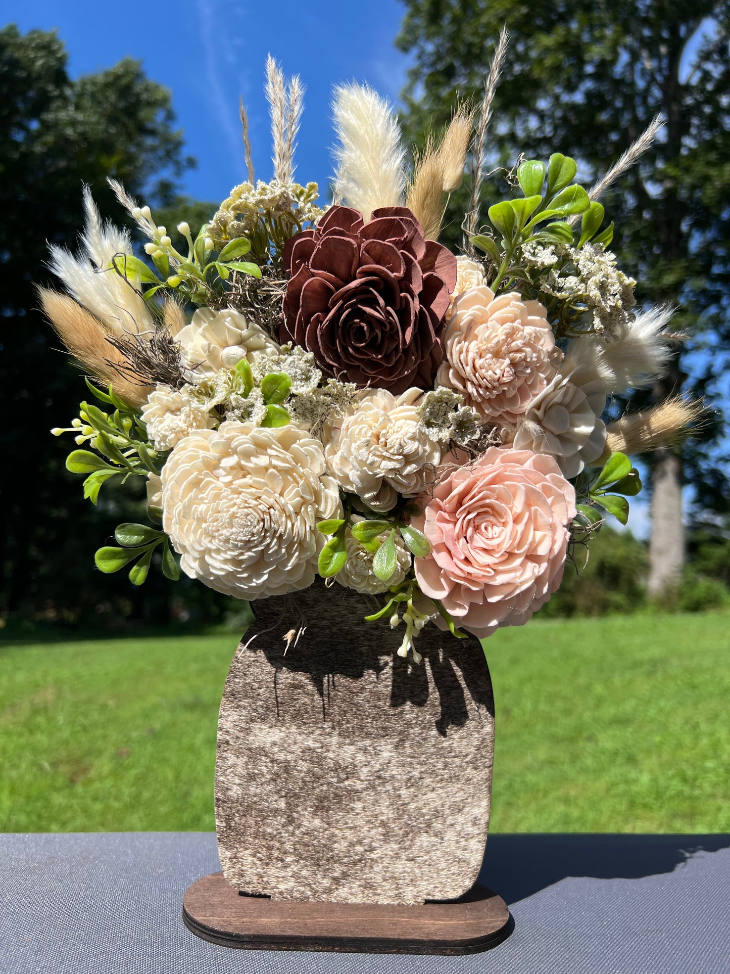 Rustic Sola Wood Flower Arrangement with Cowhide – Dried Floral