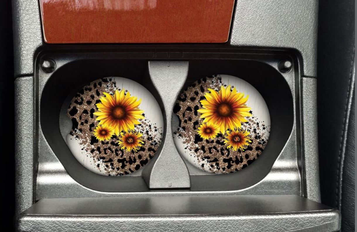 Sunflower and Leopard Car Coasters
