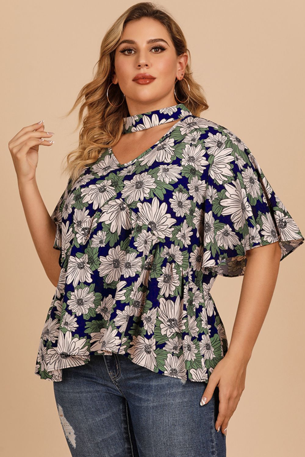 Plus Size Floral Flutter Sleeve Cutout Blouse