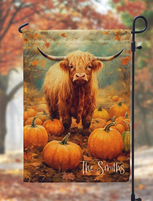 Highland Cow In Pumpkin Patch