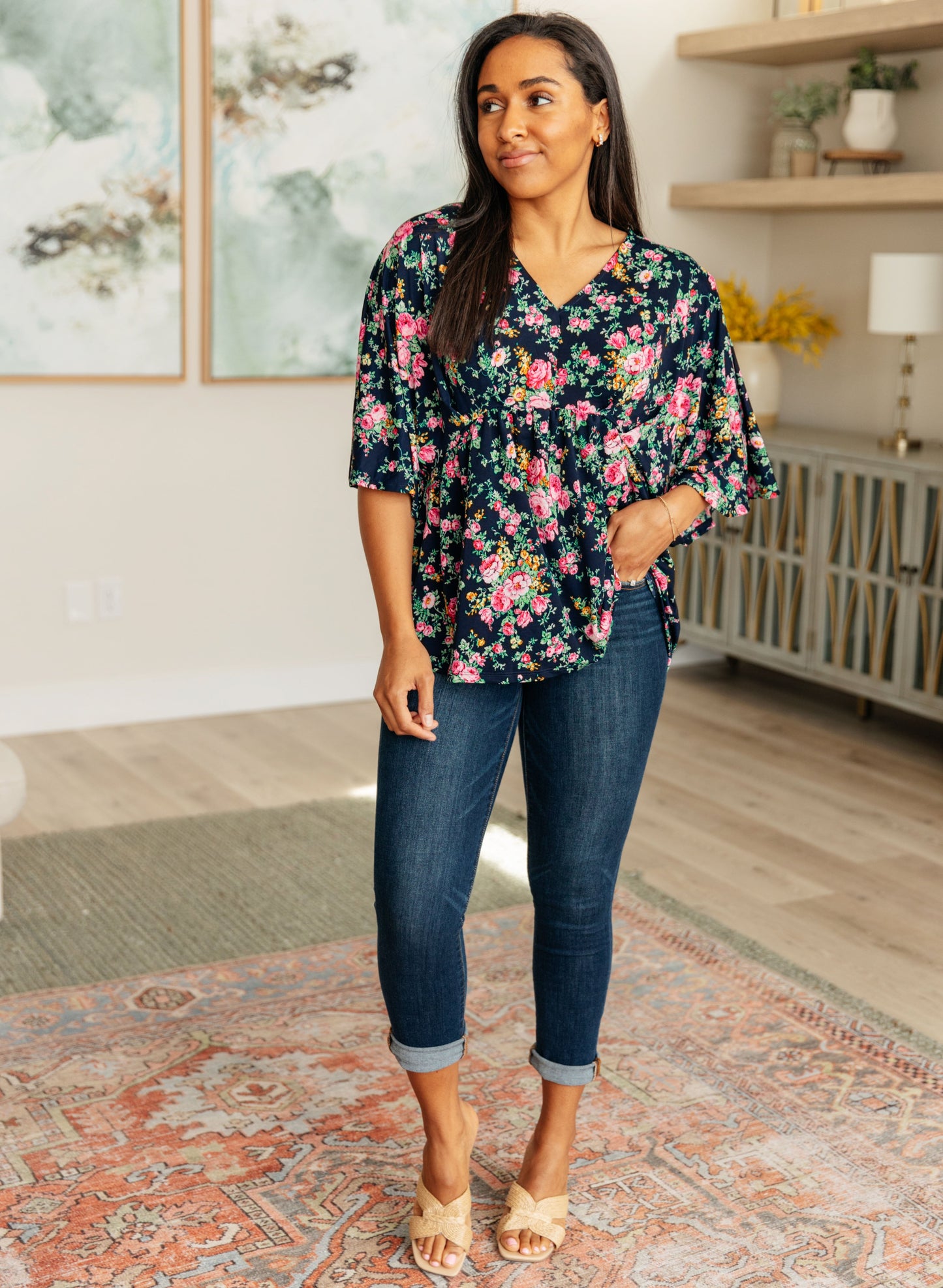 Dreamer Top in Navy and Pink Vintage Bouquet