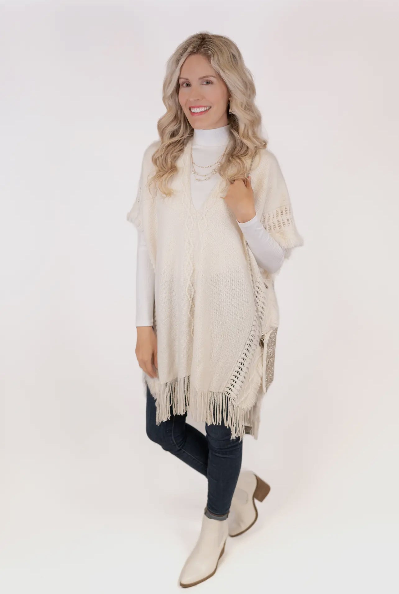 Cream Poncho with Fringe