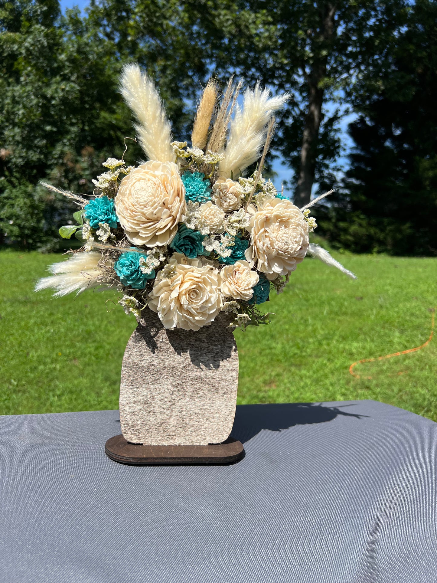 Rustic Sola Wood Flower Arrangement with Cowhide – Dried Floral