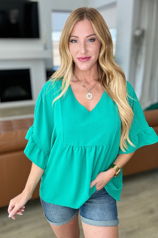 Airflow Peplum Ruffle Sleeve Top in Emerald