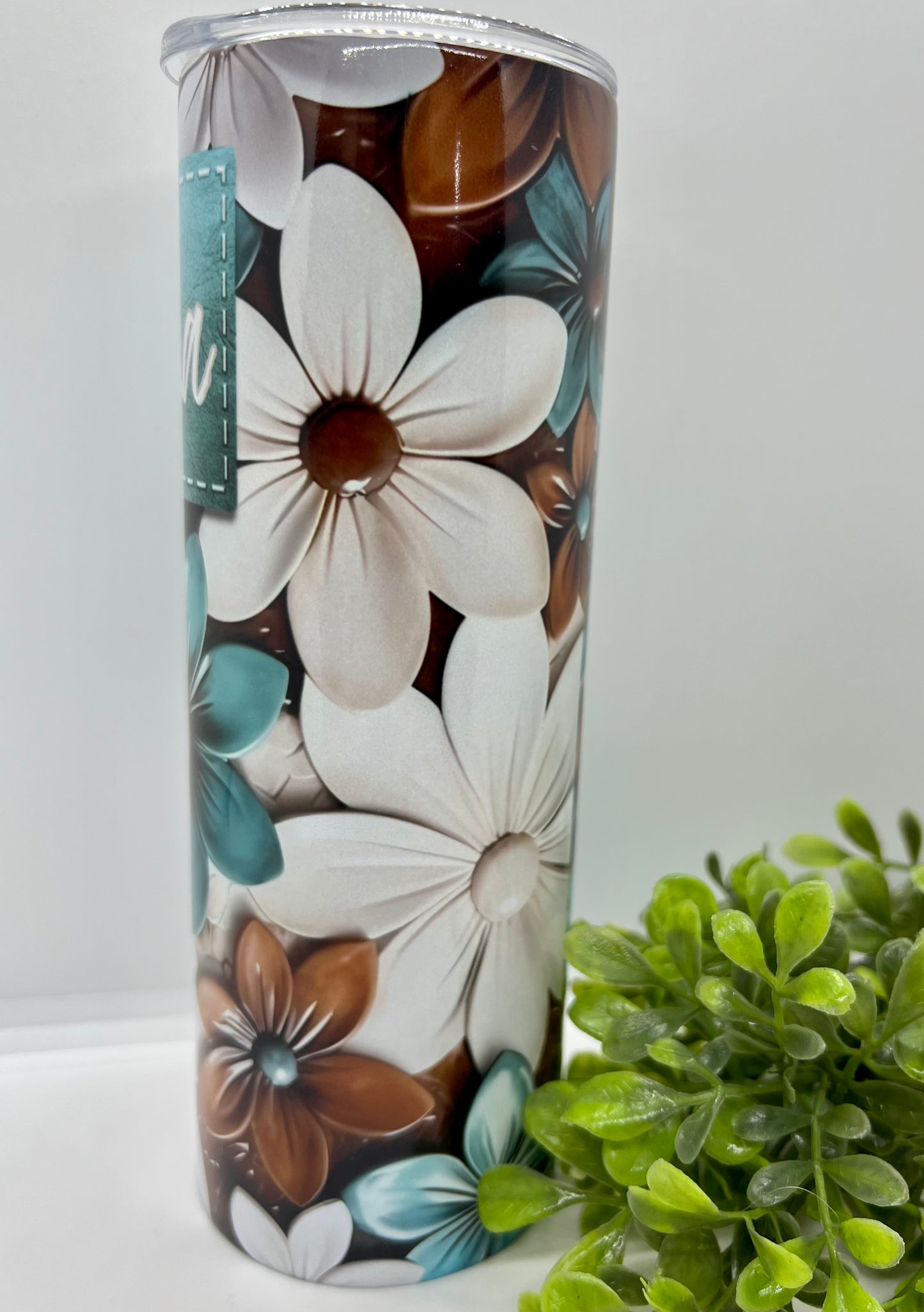 Leather Look Turquoise Floral Tumbler