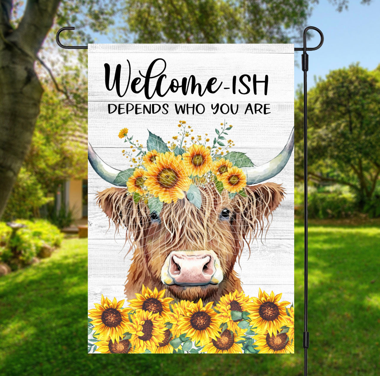 Welcome-ish Highland Cow and Sunflowers