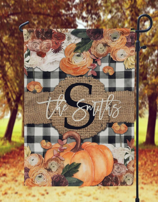 Fall Floral Buffalo Plaid and Burlap Garden Flag