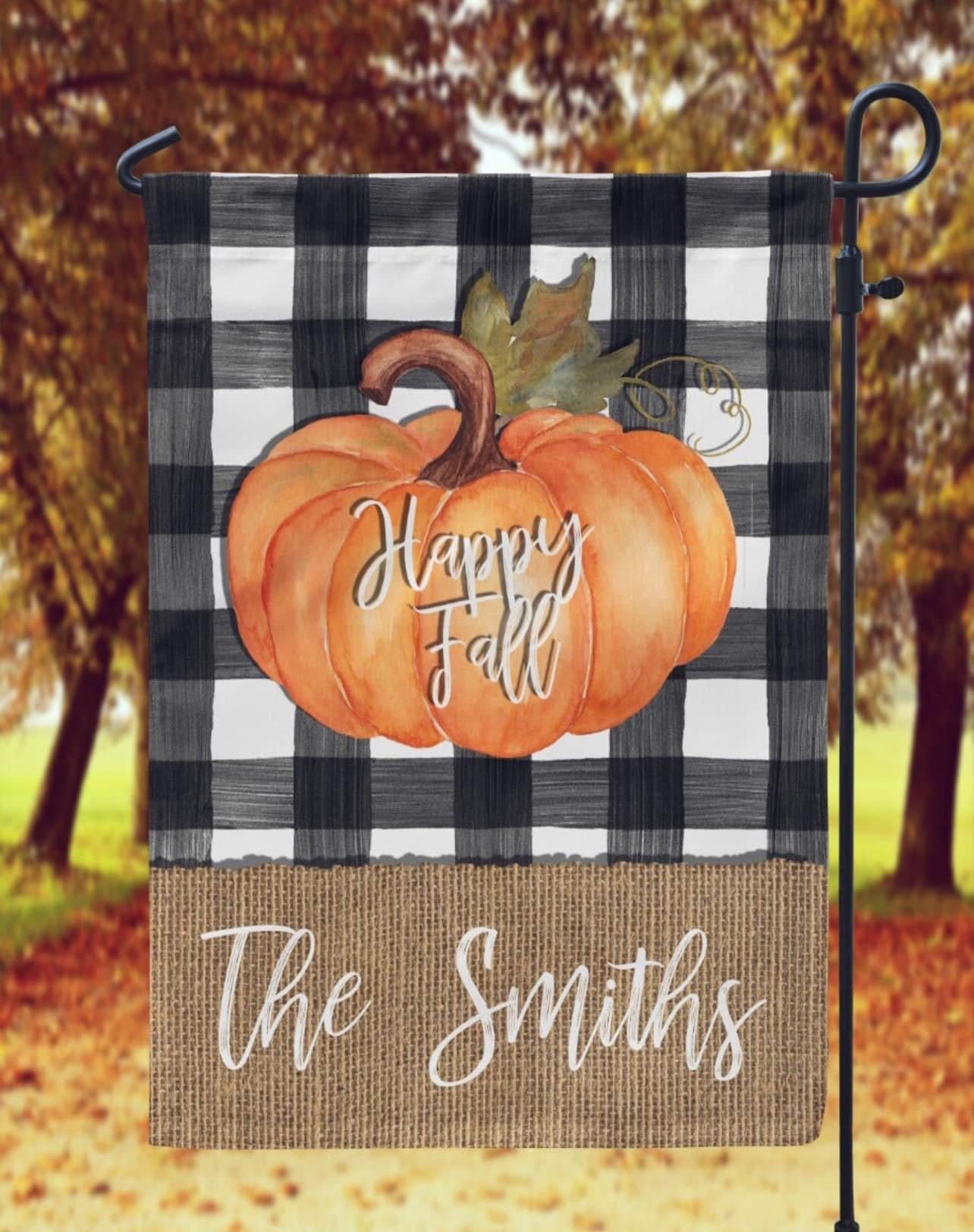 White Buffalo Plaid Burlap and Pumpkin Happy Fall