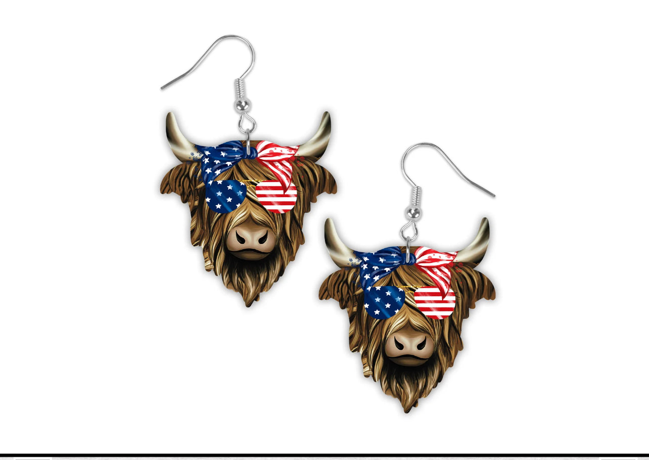 Patriotic Highland Cow Earrings