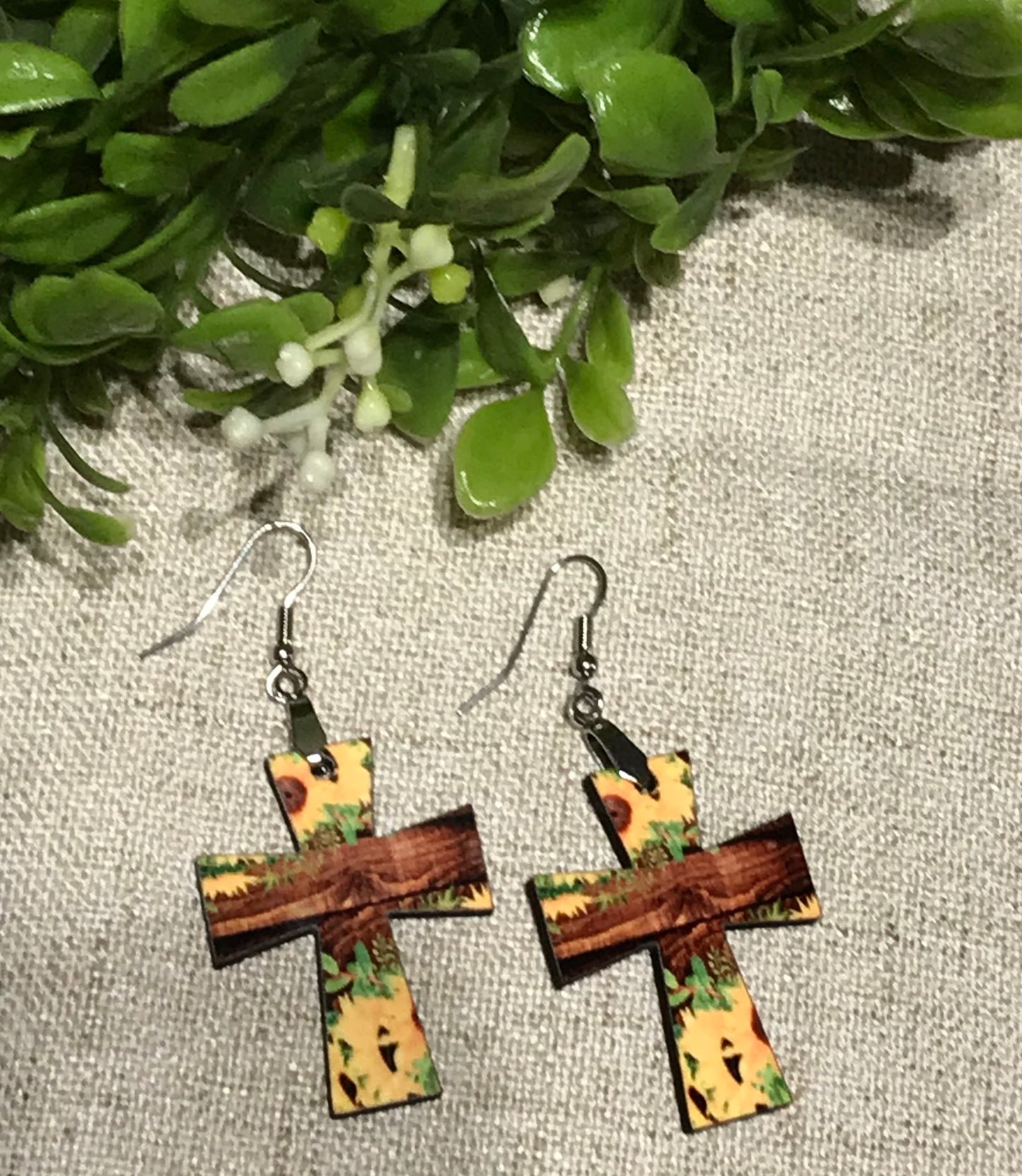 WOODEN CROSSES WITH SUNFLOWERS EARRINGS