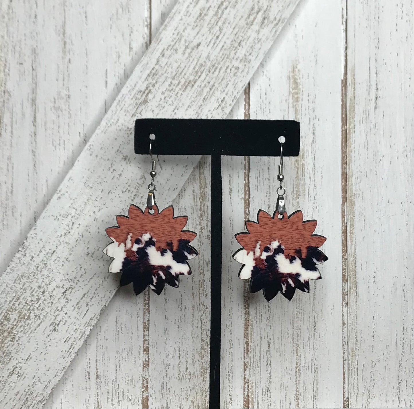 COW PRINT/WOOD EARRINGS