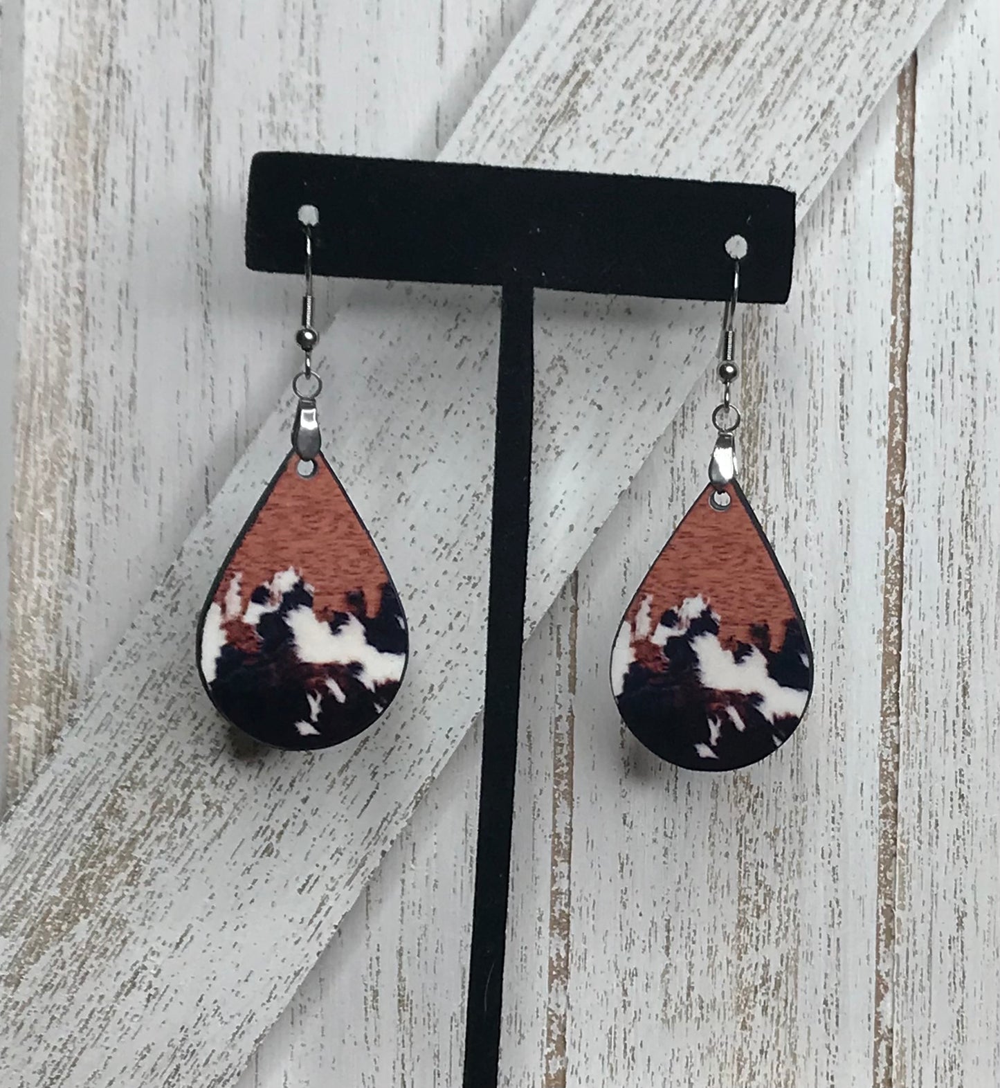 COW PRINT/WOOD TEAR DROP EARRINGS