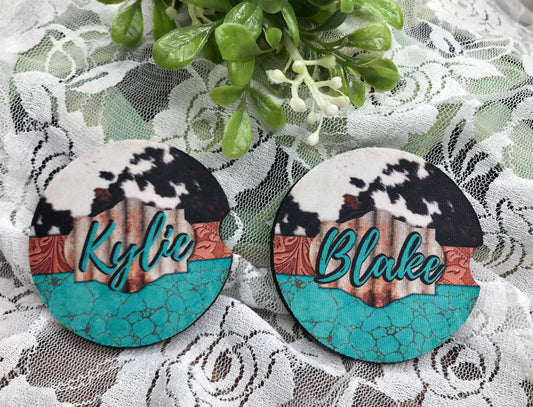 COW PRINT & TURQUOISE PERSONALIZED CAR COASTERS