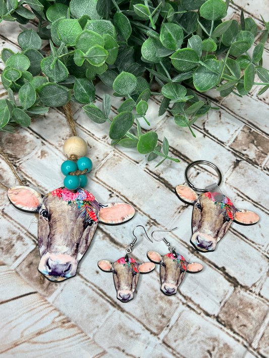 Tan Floral Cow Head Car Charm