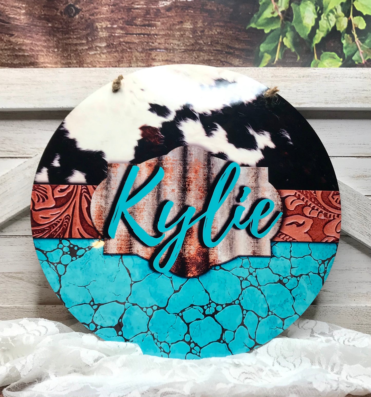 TURQUOISE AND COW PRINT SIGN PERSONALIZED