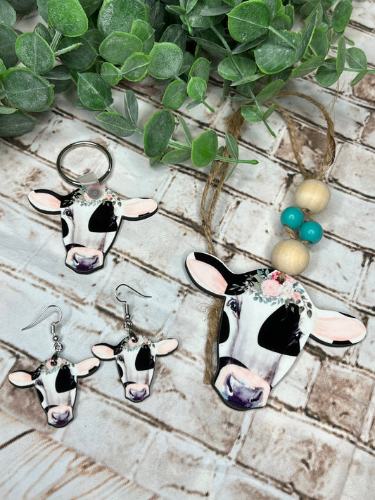 Black and White Floral Cow Head Car Charm