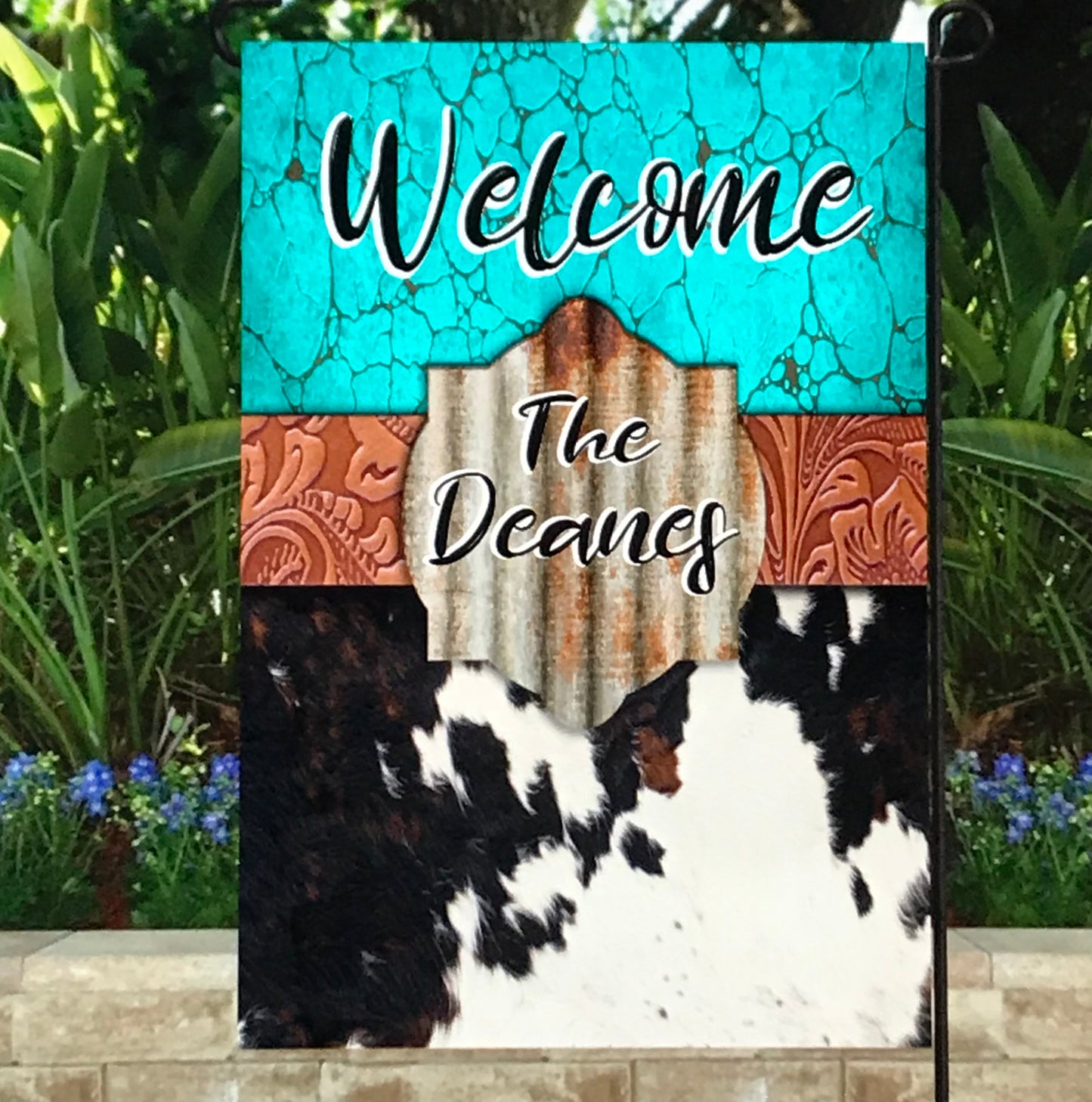 TURQUOISE,LEATHER & COW PRINT GARDEN FLAG