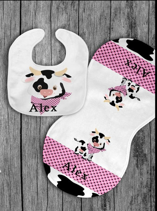 Pink Cow Bib & Burp Cloth Personalized