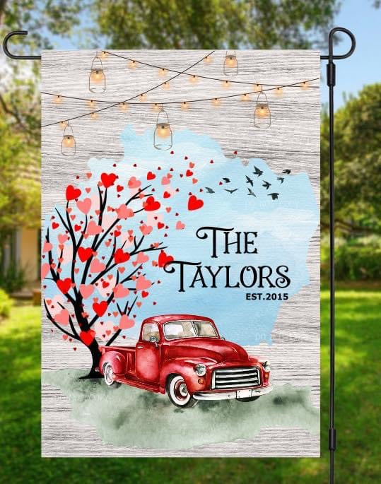 PERSONALIZED VALENTINES RED TRUCK GARDEN FLAG