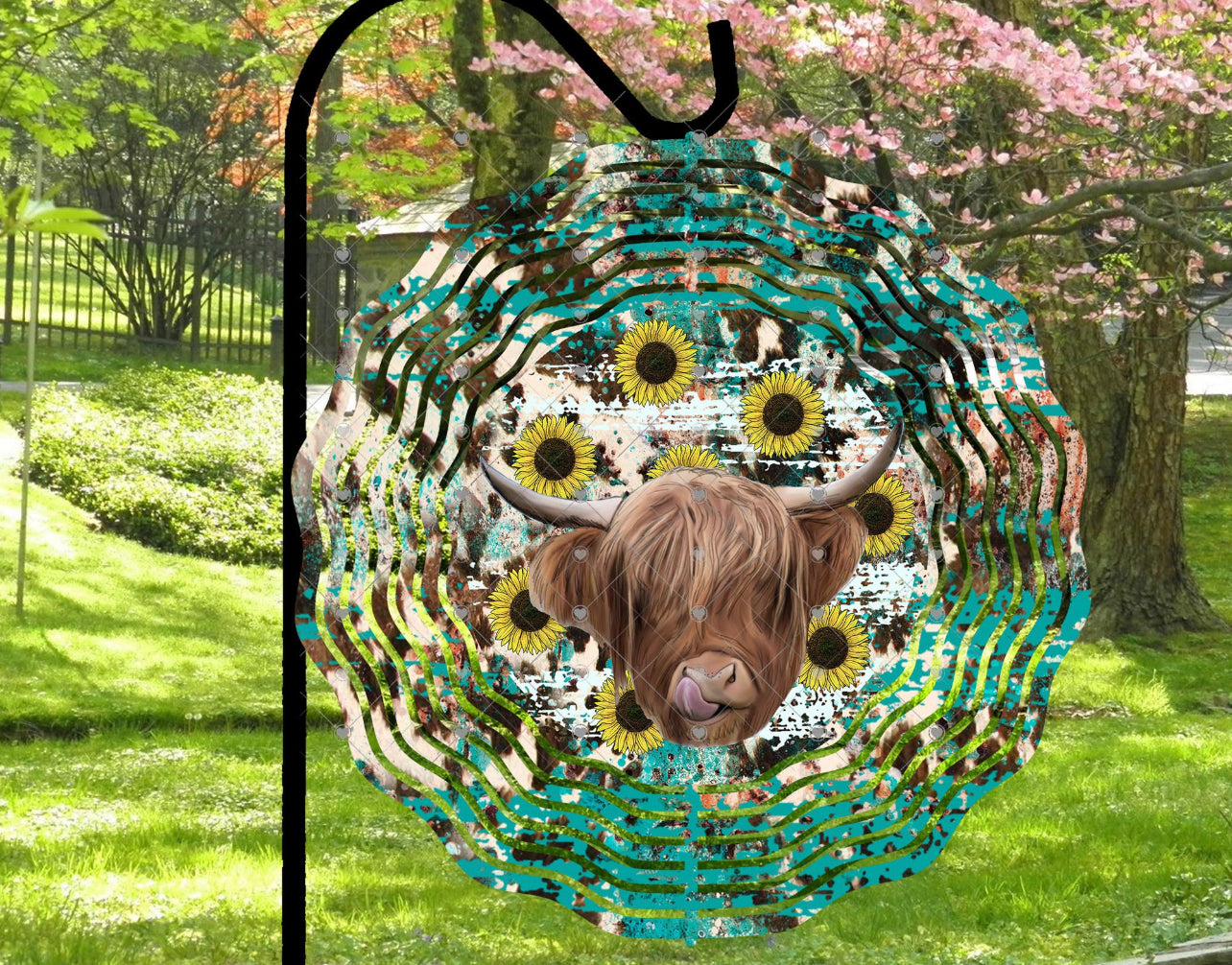 Highland Cow with Sunflowers Wind Spinner