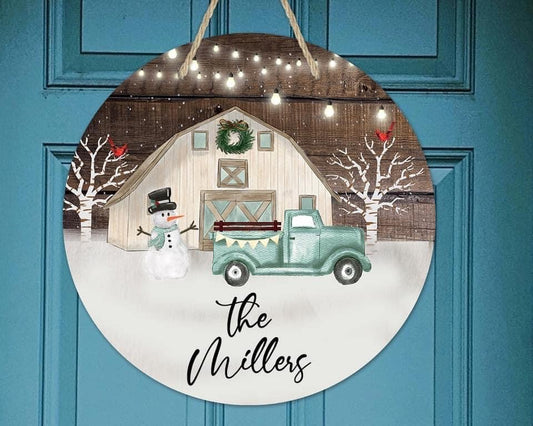 BLUE TRUCK AND SNOWMAN DOOR HANGER PERSONALIZED